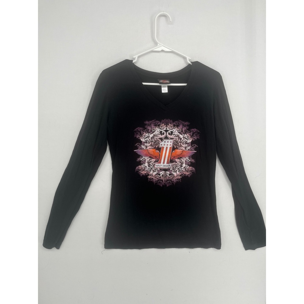 Harley-Davidson Womens Long Sleeve V-Neck T-Shirt Black Graphic Logo Large L